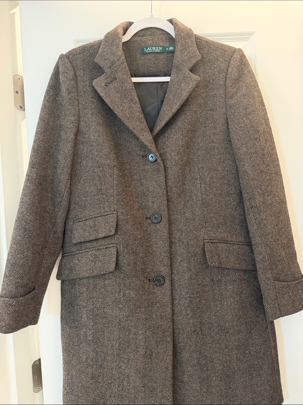 Lauren Ralph Lauren Brown Herringbone Tailored Wool-Blend Trench Coat